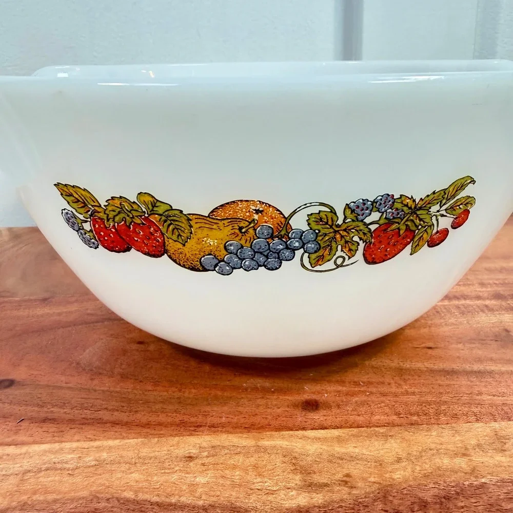 Vintage Fire-King Summerfield Fruit Milk Glass Mixing Bowl Anchor Hocking 1.5 Qt